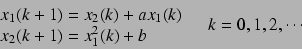 \begin{displaymath}
\begin{array}{l}
x_1(k+1) = x_2(k) + a x_1(k)\\
x_2(k+1) = x_1^2(k) + b
\end{array}\quad k = 0, 1, 2, \cdots
\end{displaymath}