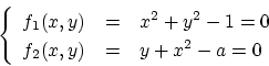 \begin{displaymath}
\left\{
\begin{array}{rcl}
f_1(x,y) & = & x^2 + y^2 -1 = 0\\
f_2(x,y) & = & y + x^2 - a = 0\\
\end{array}\right.
\end{displaymath}